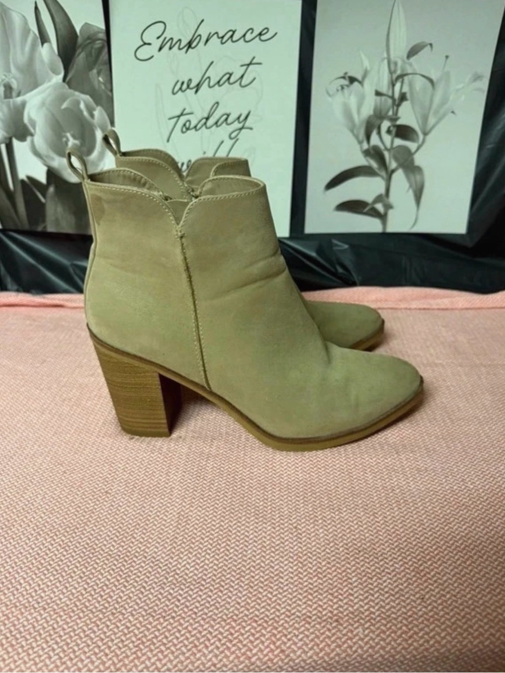 MIA Taupe Suede Ankle Booties with Stacked Heel